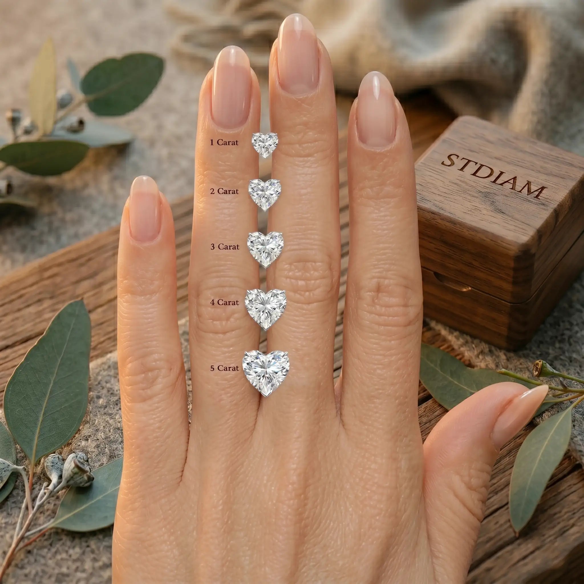 Moissanite carat size comparison chart showing 1 to 5 carat Heart stones on a finger.