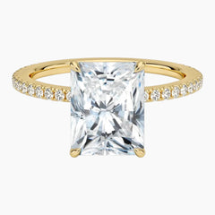 Radiant cut moissanite engagement ring with pavé band in white gold