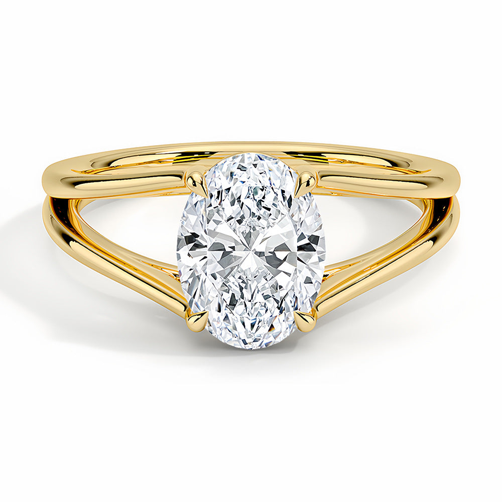 Oval cut moissanite solitaire ring with split shank yellow gold band