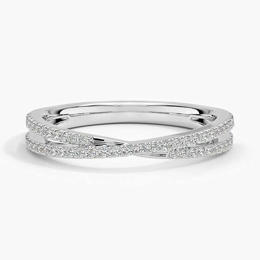 White gold criss cross band with pavé moissanite stones, elegant fine jewelry ring