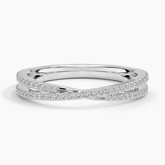 White gold criss cross band with pavé moissanite stones, elegant fine jewelry ring