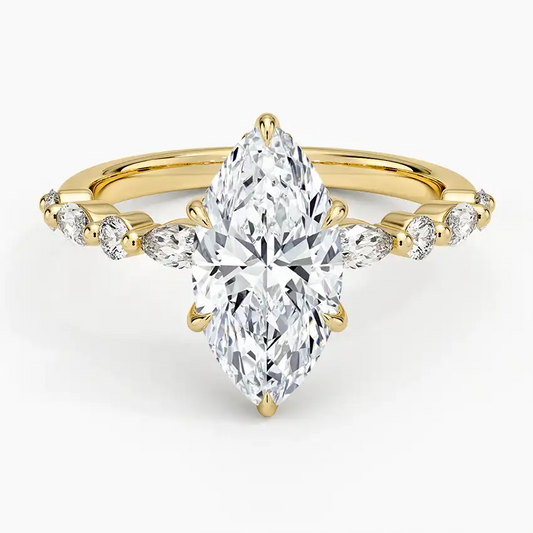 Marquise cut moissanite gold ring with side accent stones, premium ethical jewelry