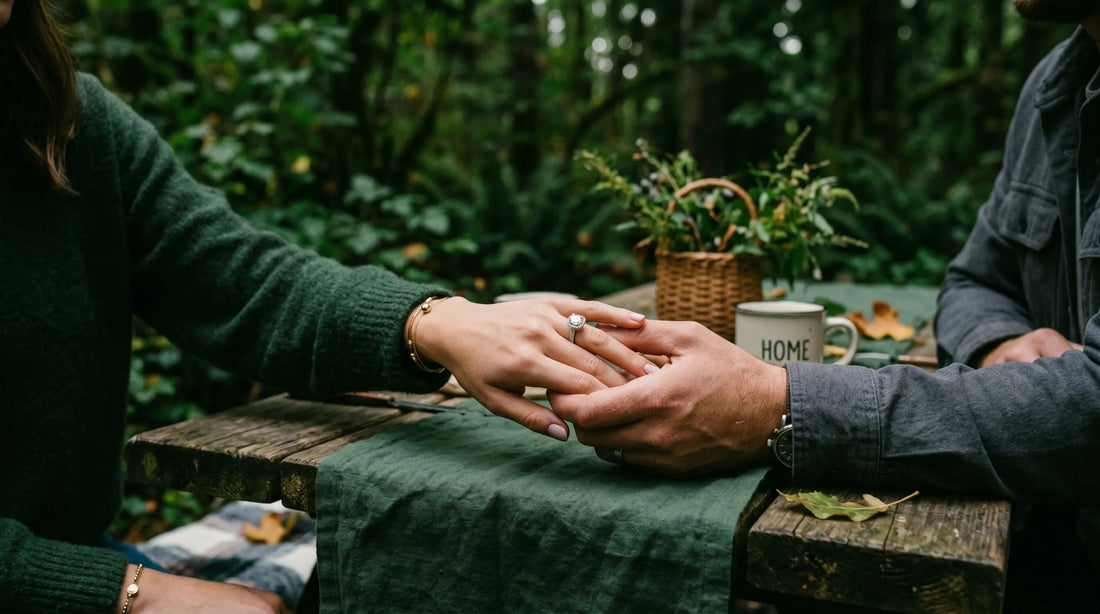 A couple holding hands at a rustic wooden table in the woods, highlighting a sparkling engagement ring on the woman's finger