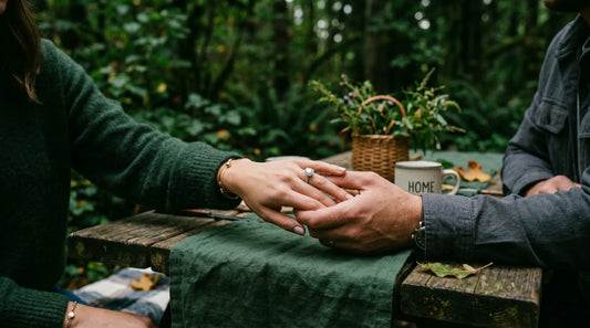 A couple holding hands at a rustic wooden table in the woods, highlighting a sparkling engagement ring on the woman's finger