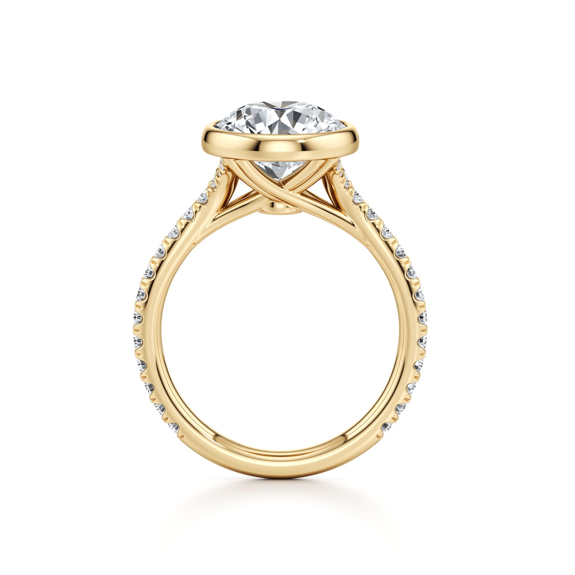 Yellow gold moissanite engagement ring with side stones and a round brilliant center stone