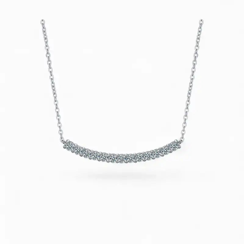 Moissanite bar pendant necklace with silver chain on white background