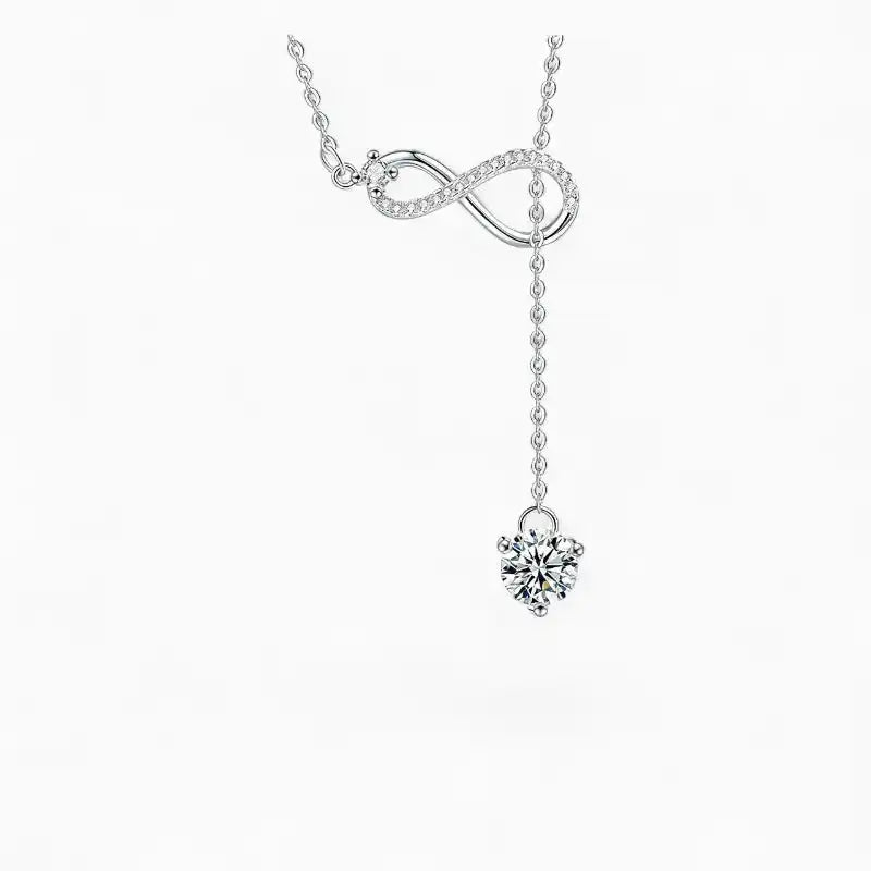Moissanite infinity pendant necklace with round brilliant stone on a silver chain