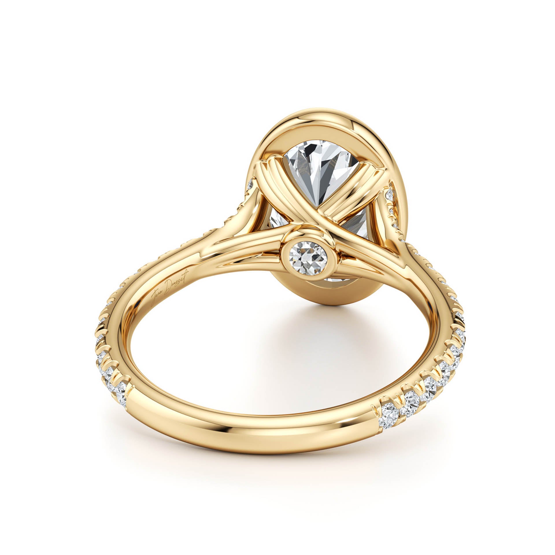 Gold moissanite engagement ring with side stones and intricate setting design