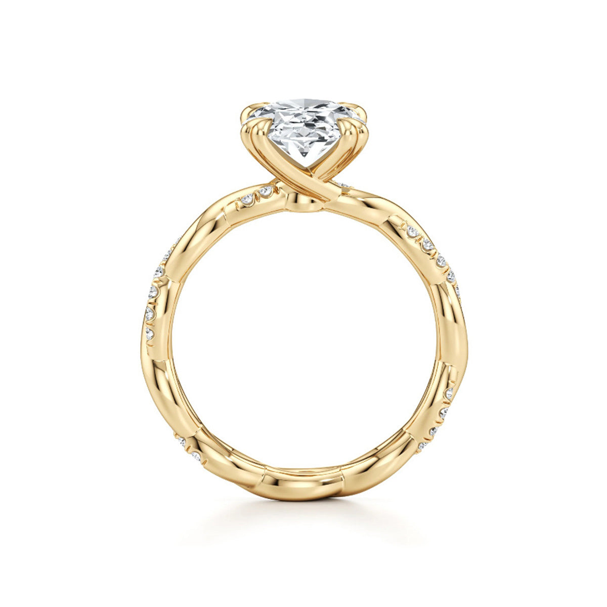 Gold solitaire ring with a round moissanite center stone and pavé accents on band