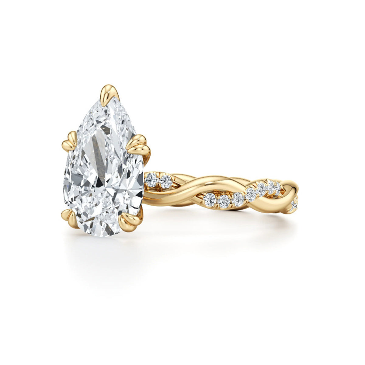 Pear-shaped moissanite engagement ring with gold twisted band and side stones