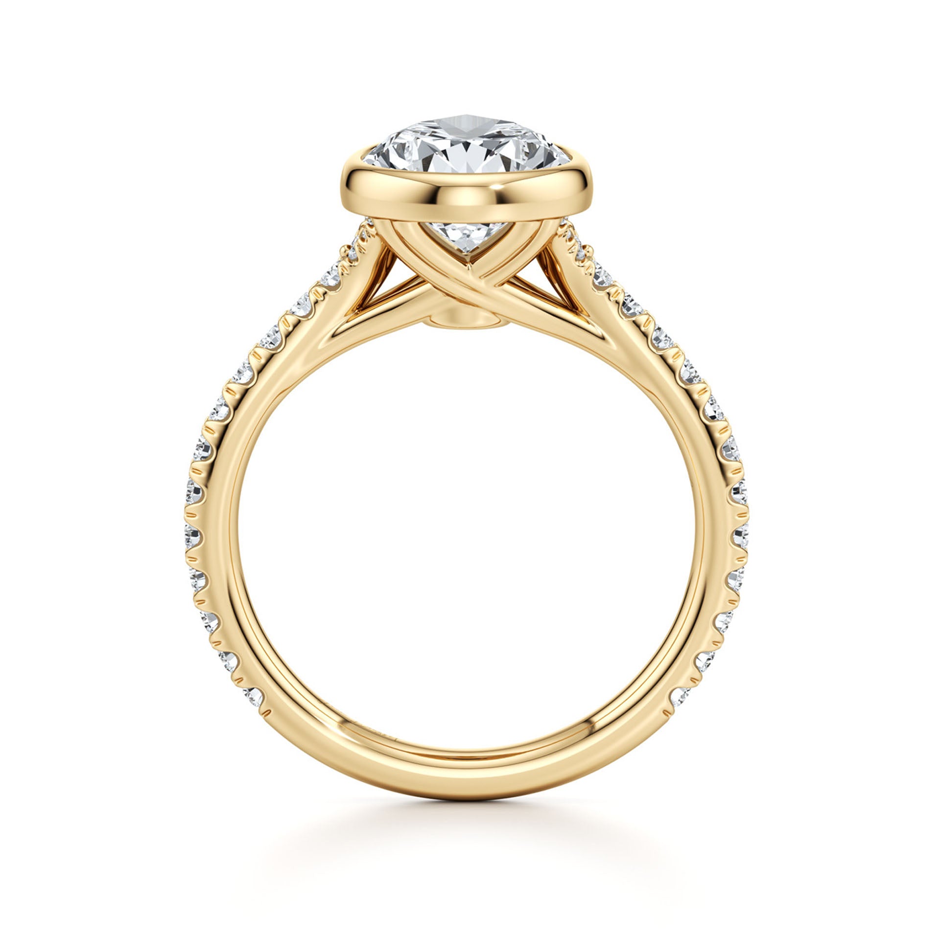 Gold moissanite engagement ring with round center stone and pavé band, side view