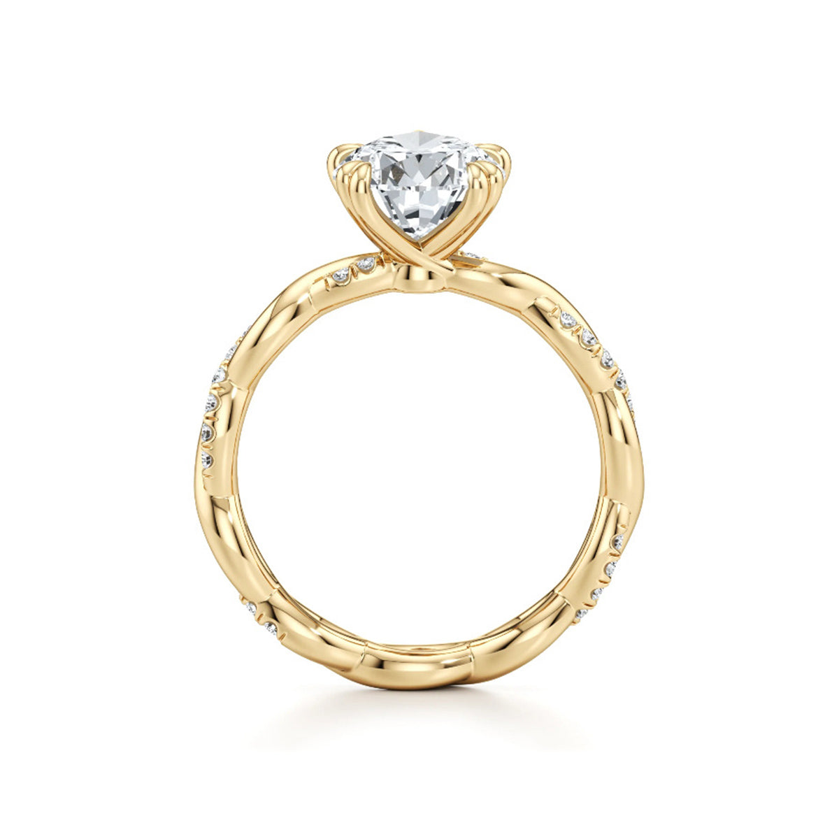 Gold moissanite engagement ring with bamboo-inspired band and sparkling accent stones