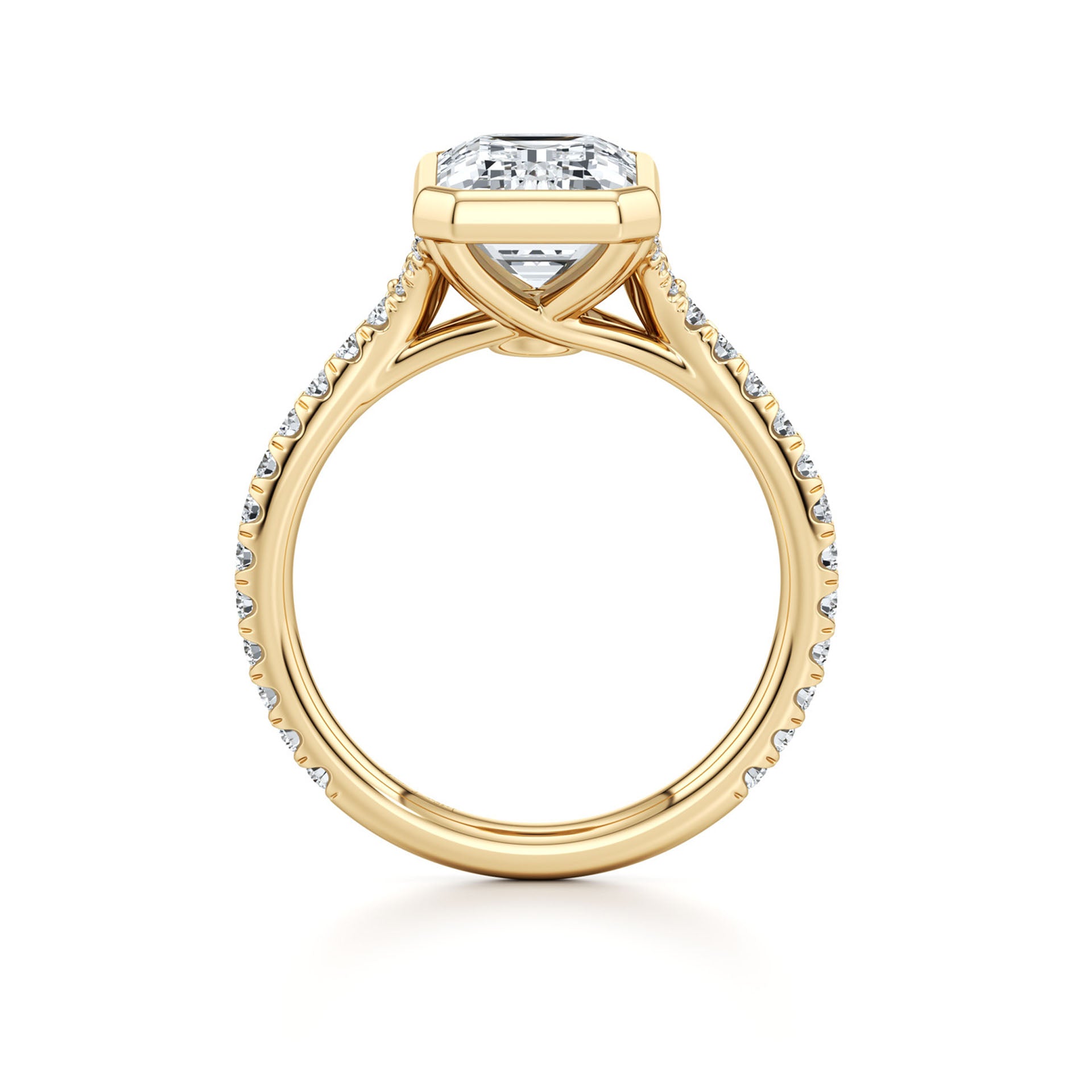 Gold moissanite engagement ring with pave band and radiant cut center stone