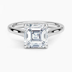 Asscher cut moissanite solitaire engagement ring in a polished silver band