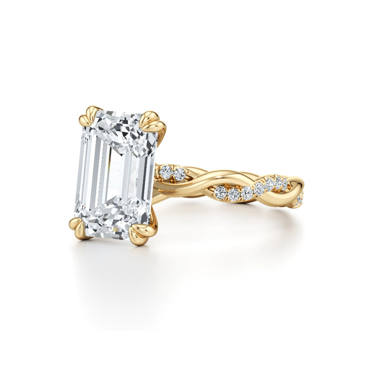 Emerald cut moissanite engagement ring with twisted gold band and small accent stones
