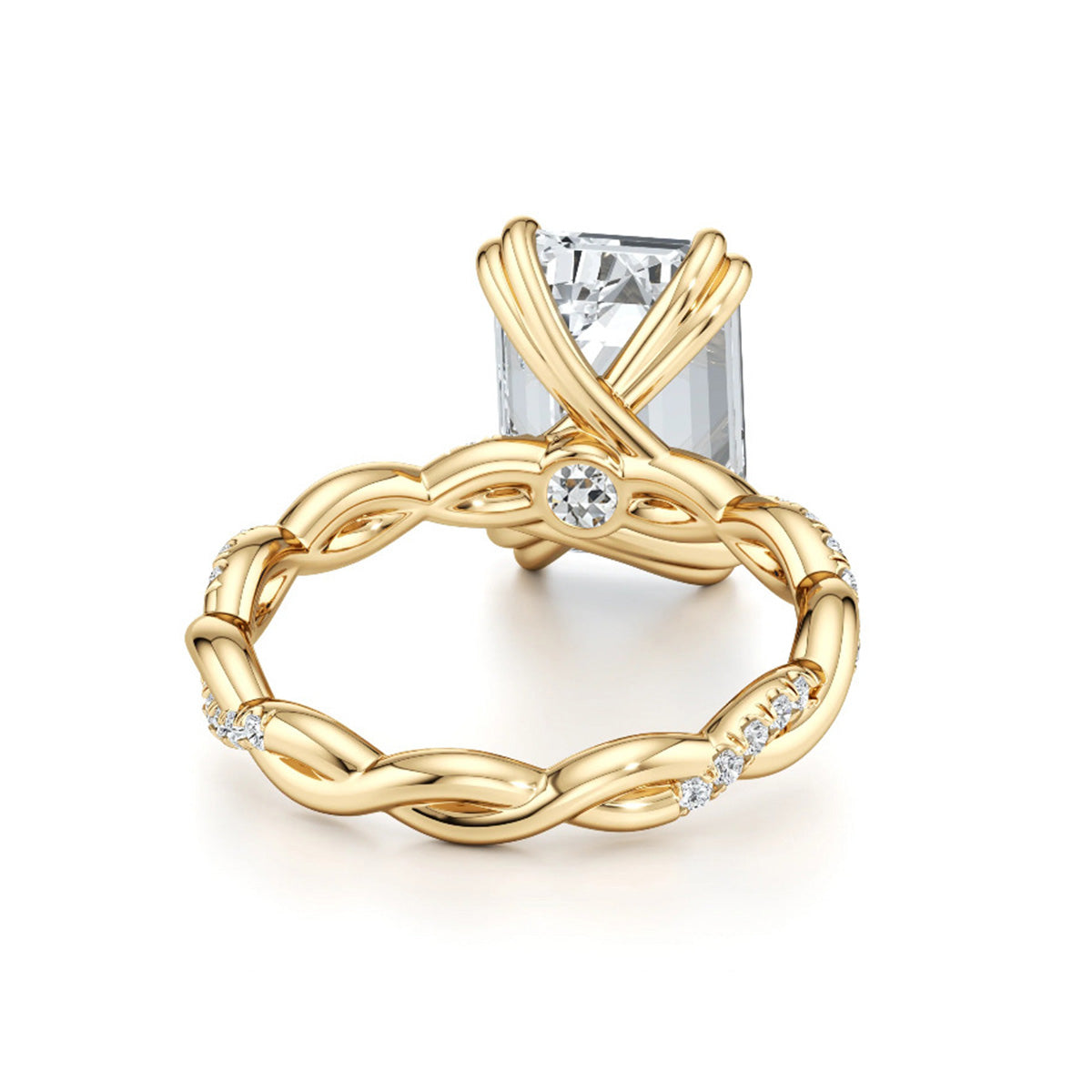 Gold twisted band ring with large radiant moissanite center and pavé side stones