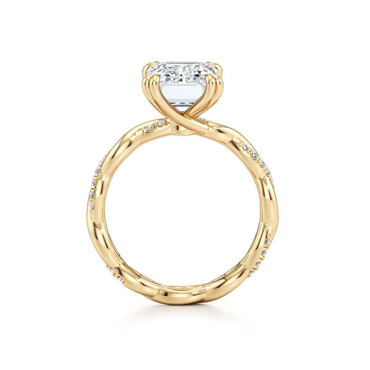 Twisted yellow gold ring with moissanite center stone and pavé accents