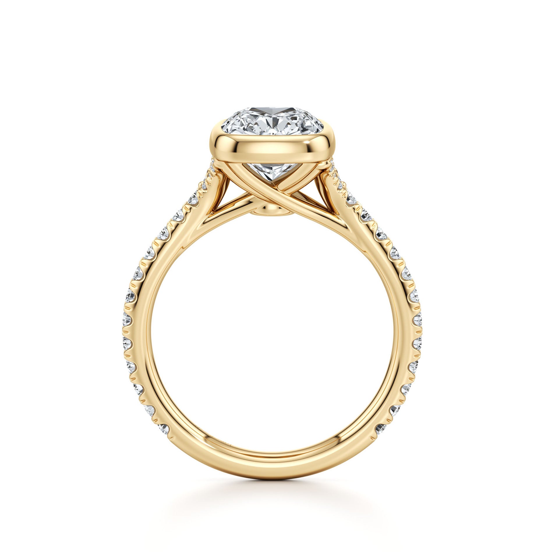 Gold moissanite engagement ring with pavé band and round brilliant center stone