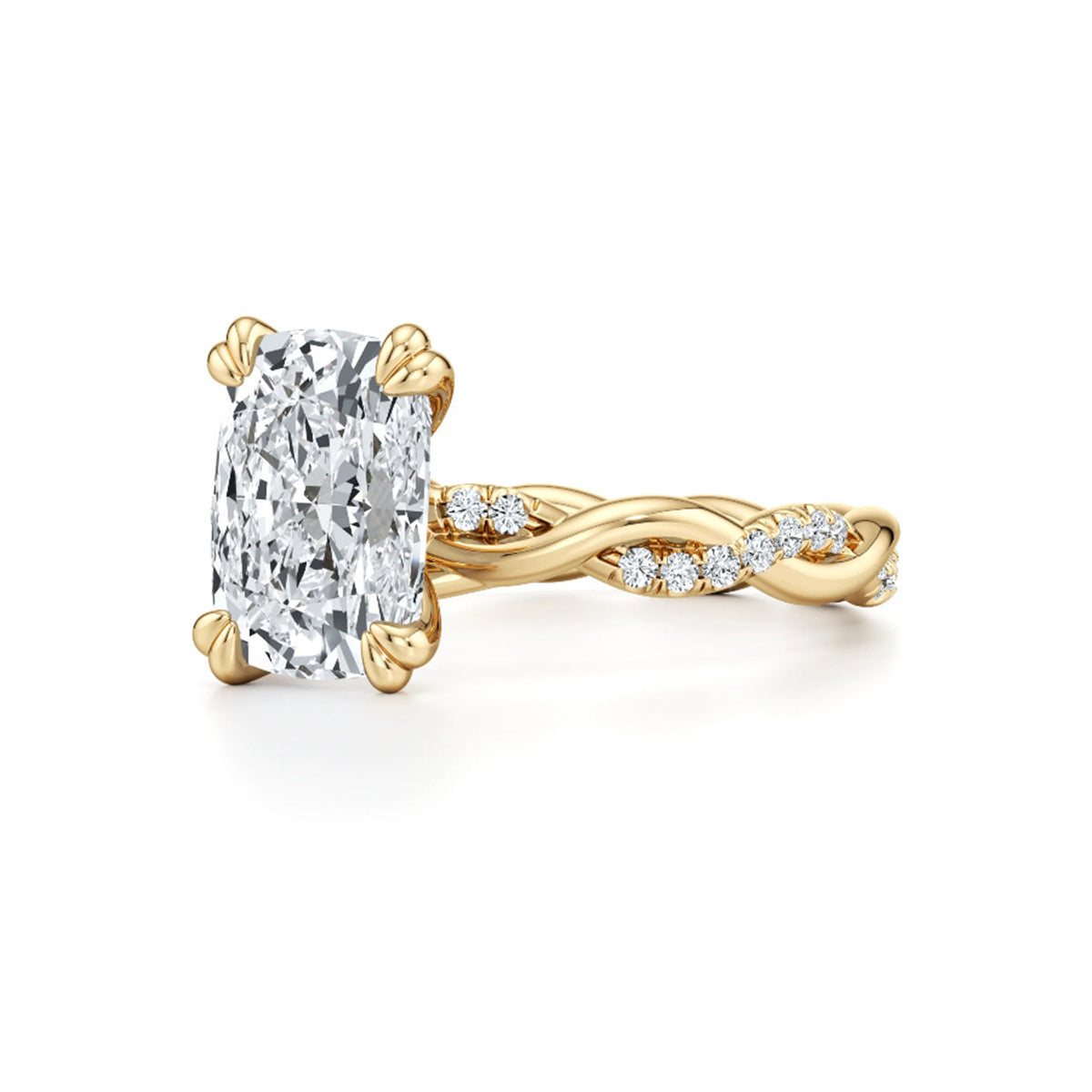 Cushion cut moissanite engagement ring with twisted gold band and side stones