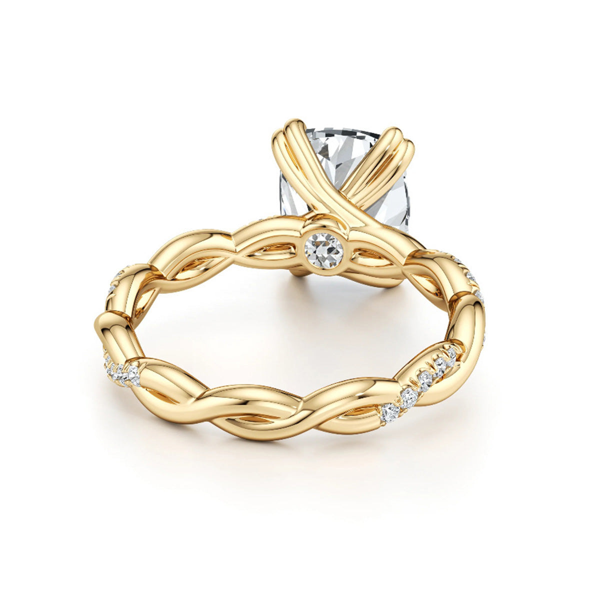 Gold braided moissanite engagement ring with round center stone and small side stones
