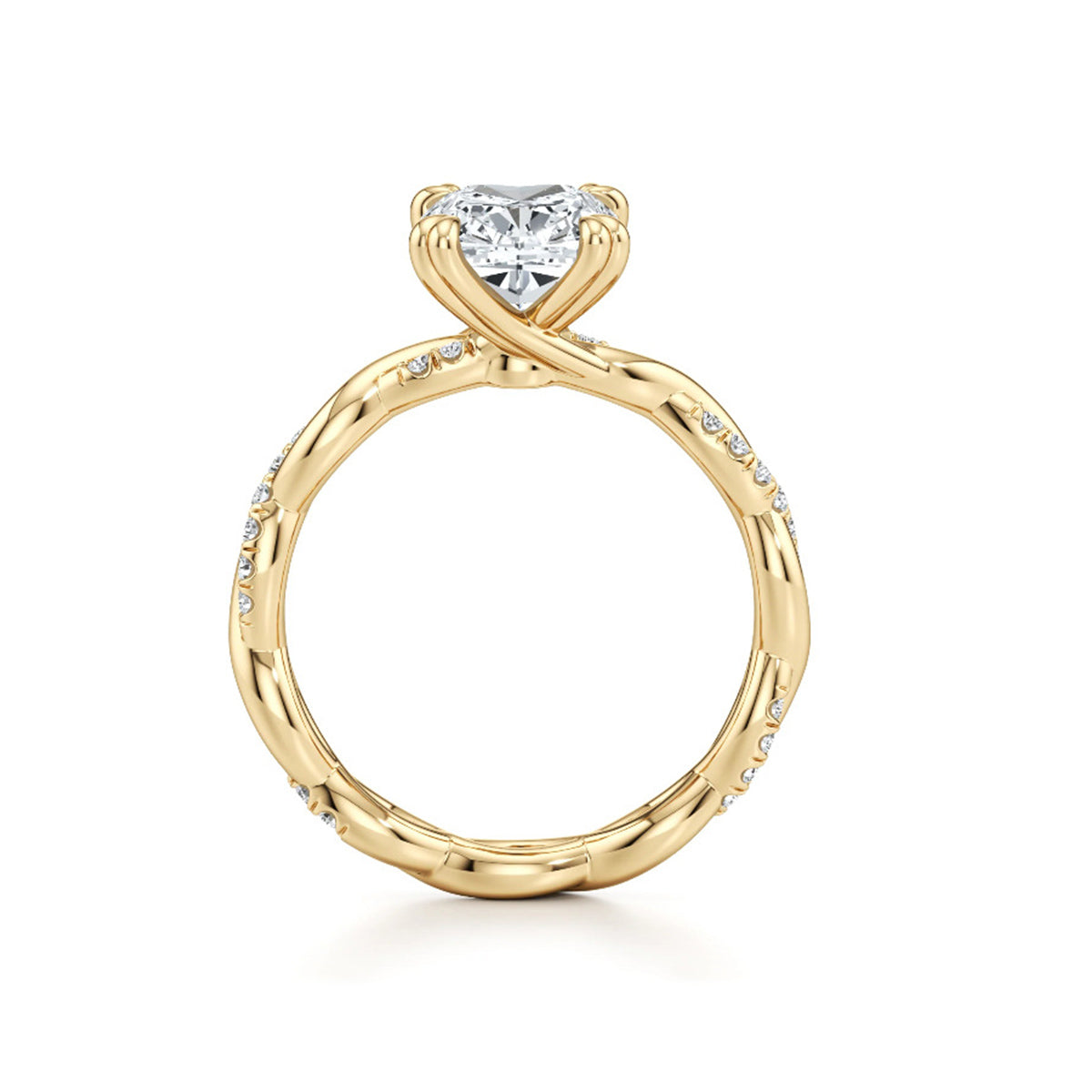Gold moissanite engagement ring with heart-shaped center stone and pavé band details