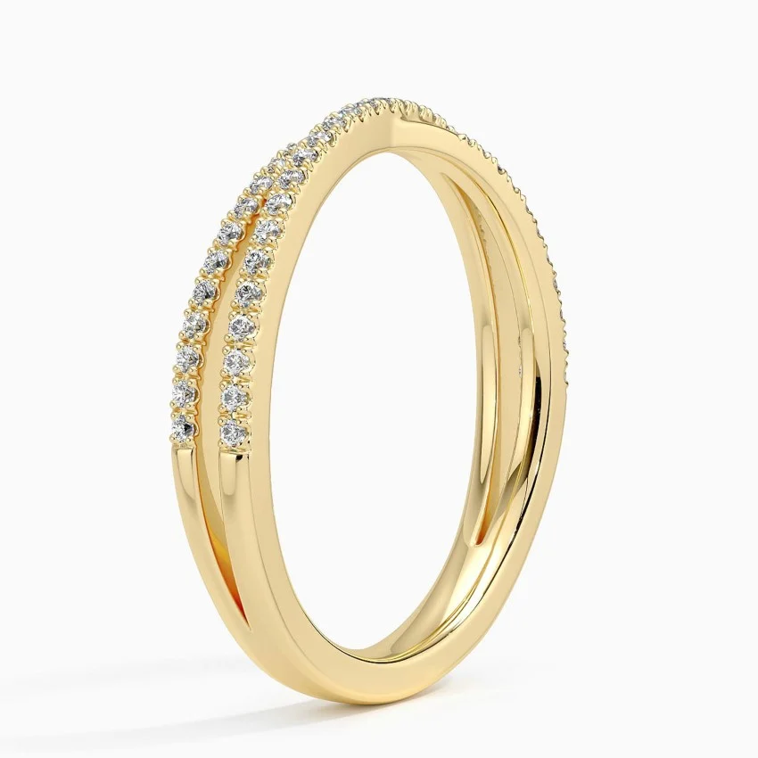 Yellow gold moissanite ring with double row pavé setting, minimalist fine jewelry