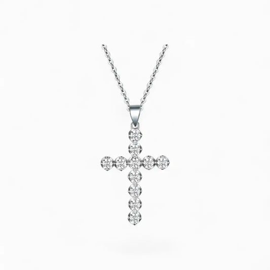 Moissanite cross pendant necklace in silver with round brilliant stones on cable chain