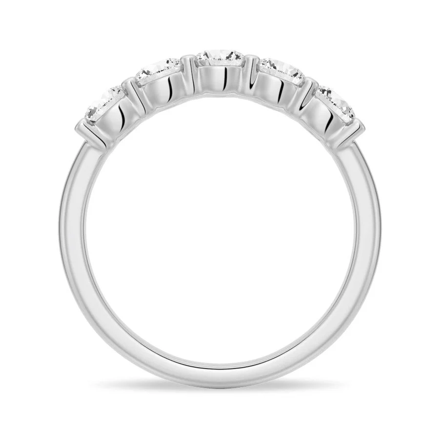 Silver moissanite half eternity band with five round-cut stones, minimal jewelry design