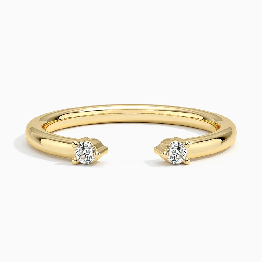 Open gold band ring with two round moissanite stones on each end, minimalist jewelry