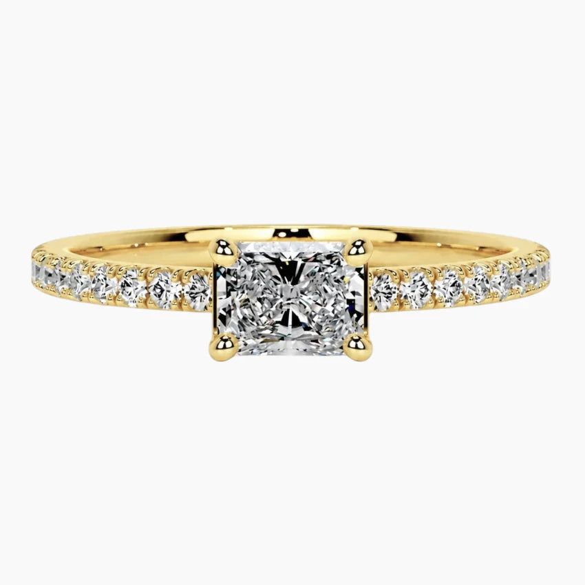 Royal Radiance - 0.8ct Radiant Cut Moissanite Pavé Band Ring in 18K Gold Plated