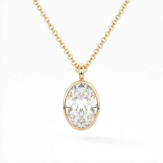 Oval cut moissanite pendant on gold chain, sparkling ethical gemstone jewelry