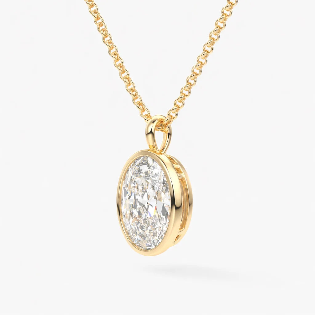 Oval moissanite pendant necklace in gold setting on a gold chain, luxury jewelry
