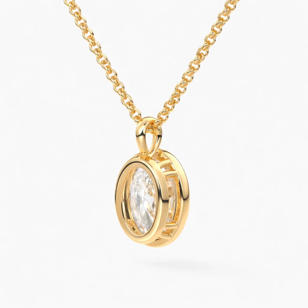 Gold chain necklace with oval moissanite pendant, premium ethical jewelry