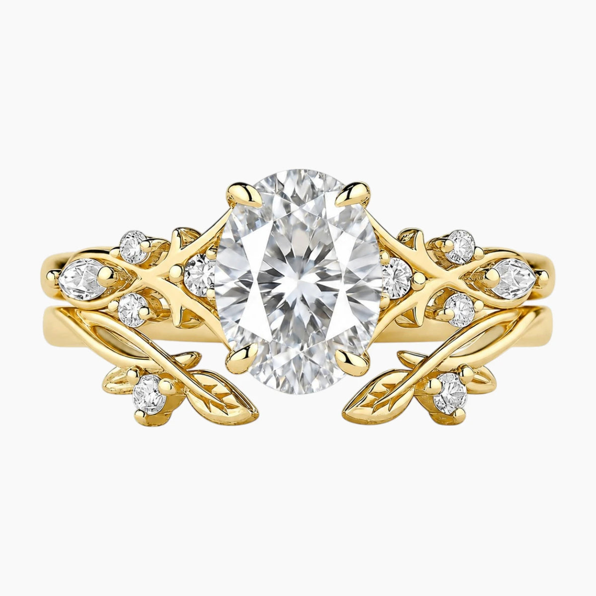 Radiant Oval Moissanite Masterpiece Leaf Vine Ring Set