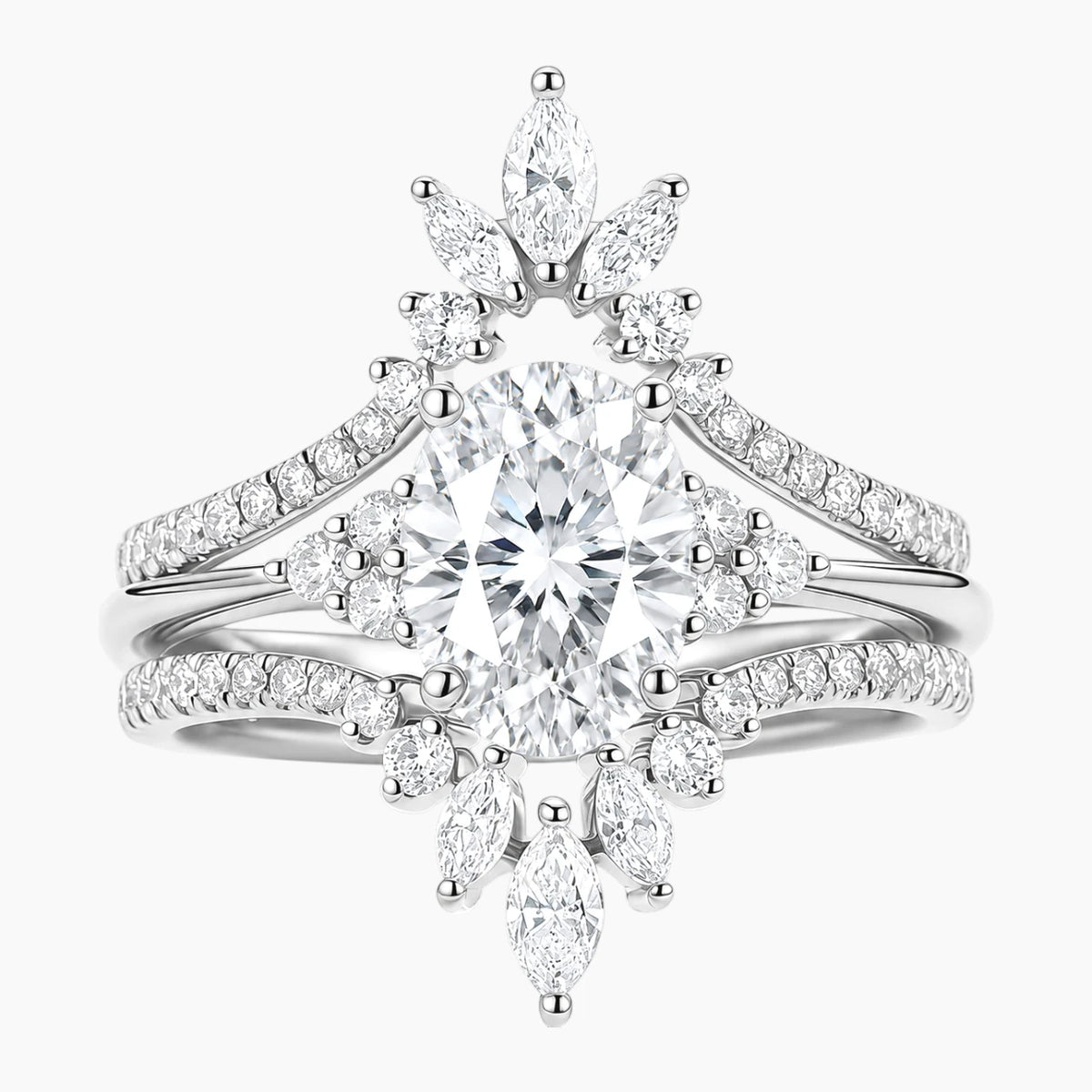 The Aurora Crown Vintage Sunburst Oval Moissanite Bridal Set