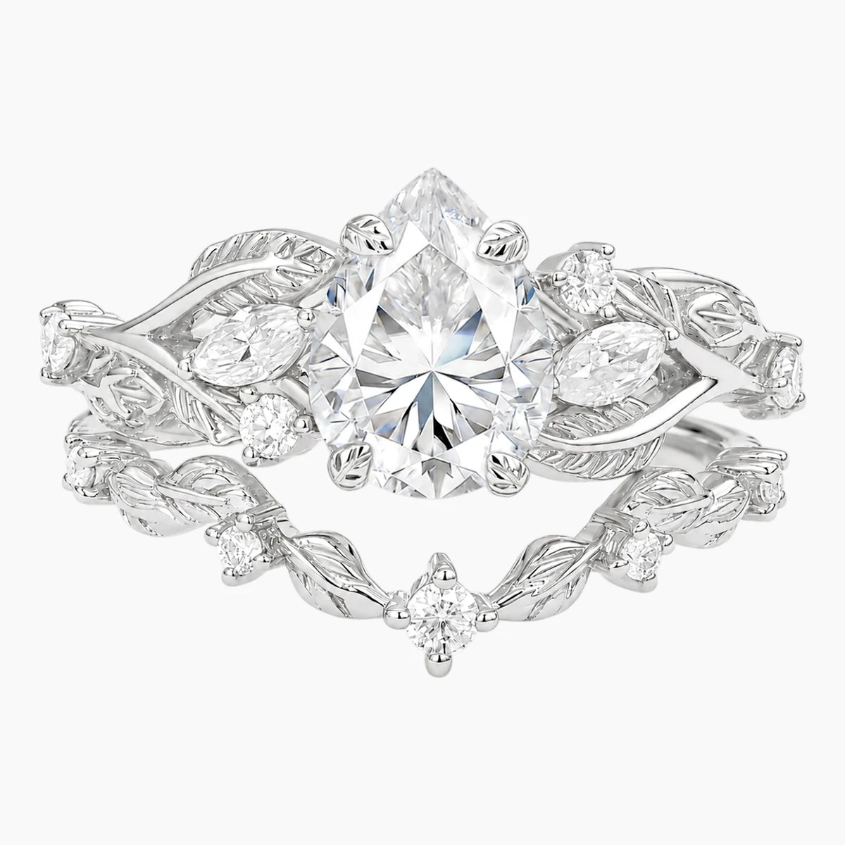 Enchanted Laurel Pear Cut Moissanite Botanical Bridal Set