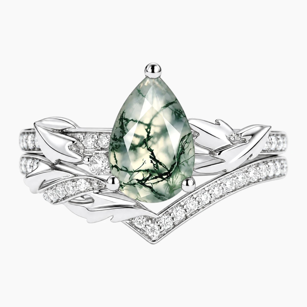 Sylvarielle Pear-Cut Natural Moss Agate Leaf Bridal Ring Set