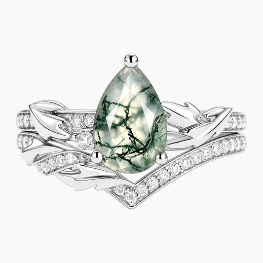 Sylvarielle Pear-Cut Natural Moss Agate Leaf Bridal Ring Set