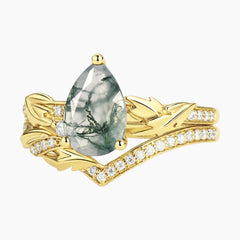 Sylvarielle Pear-Cut Natural Moss Agate Leaf Bridal Ring Set