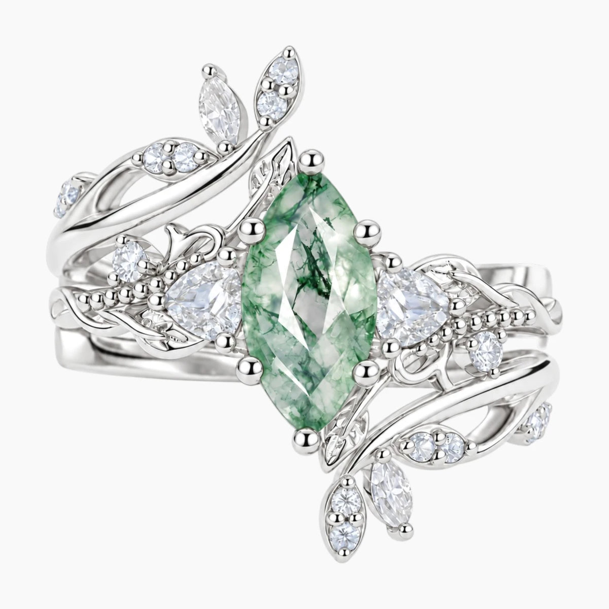 Verdelisse Marquise Moss Agate Nature-Inspired Bridal Ring Set