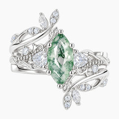 Verdelisse Marquise Moss Agate Nature-Inspired Bridal Ring Set