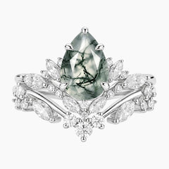 Mossavelle Pear Moss Agate Nature-Inspired Bridal Ring Set
