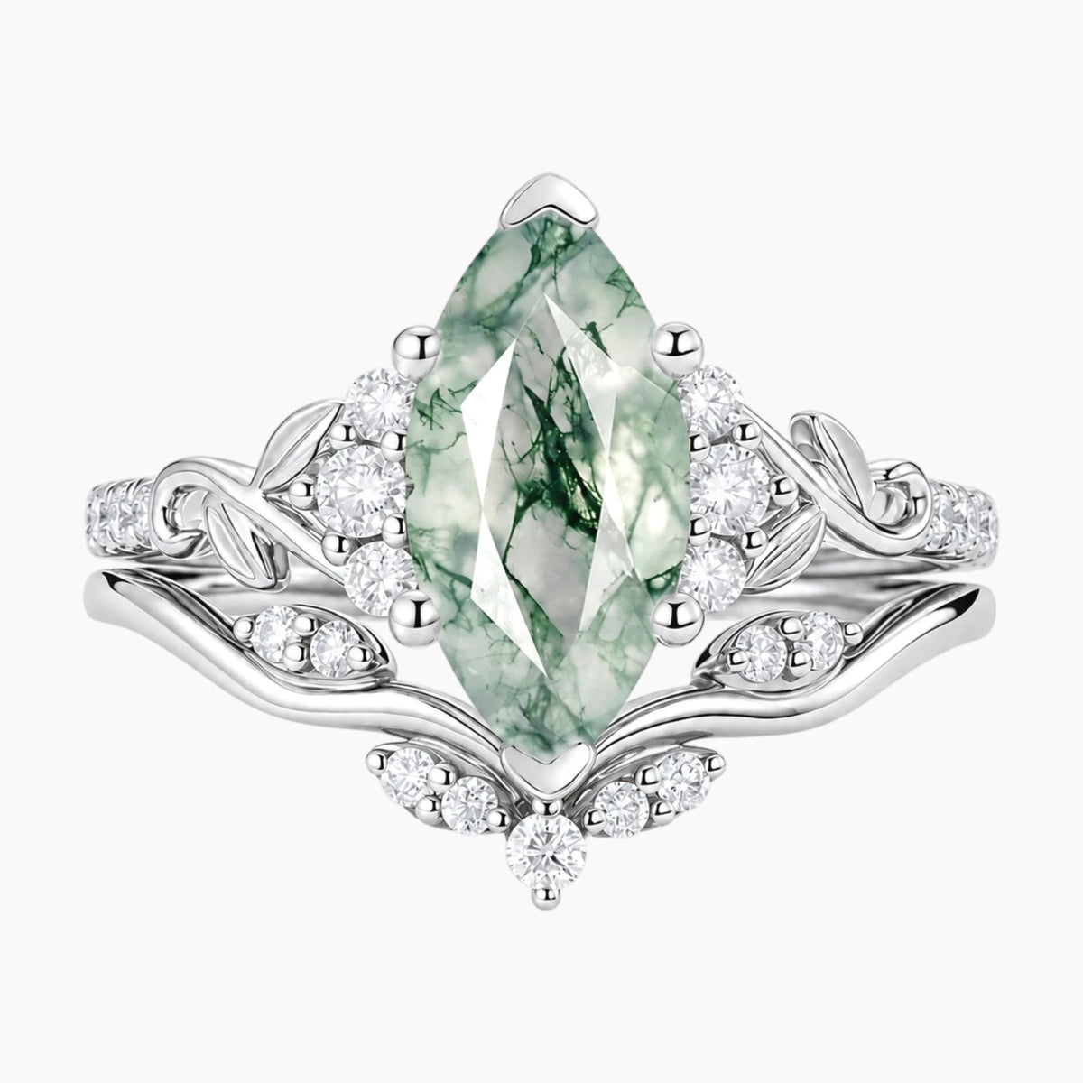 Sylvenora Marquise Moss Agate Vine-Inspired Bridal Ring Set
