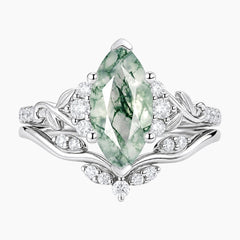 Sylvenora Marquise Moss Agate Vine-Inspired Bridal Ring Set