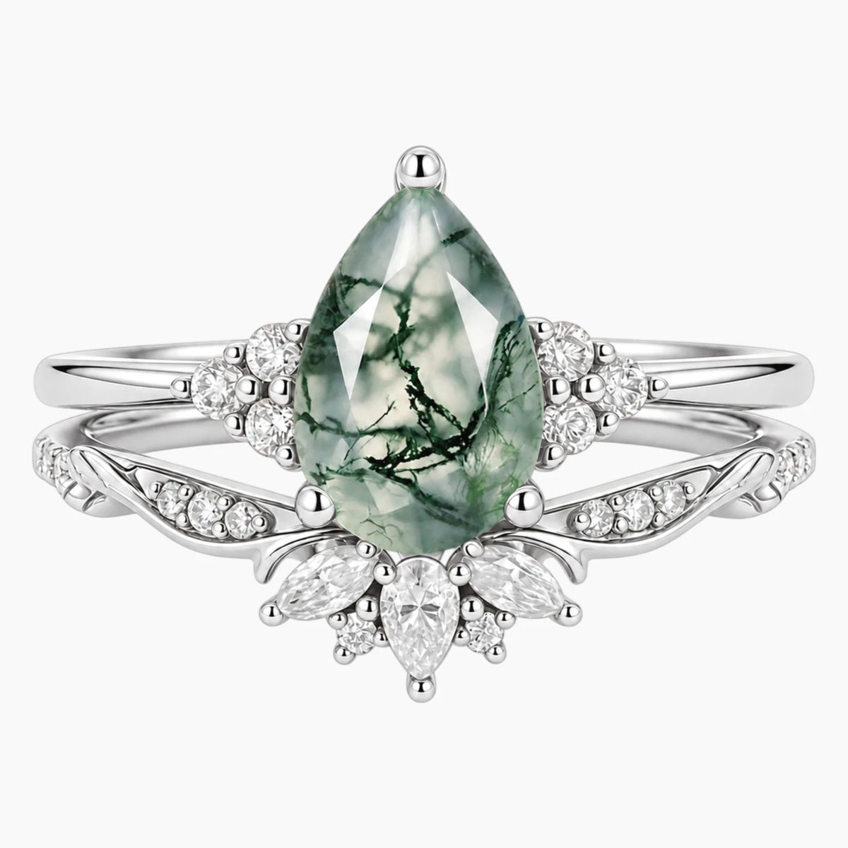 Floravelle Pear Moss Agate Botanical Bridal Ring Set