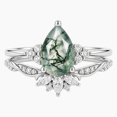 Floravelle Pear Moss Agate Botanical Bridal Ring Set