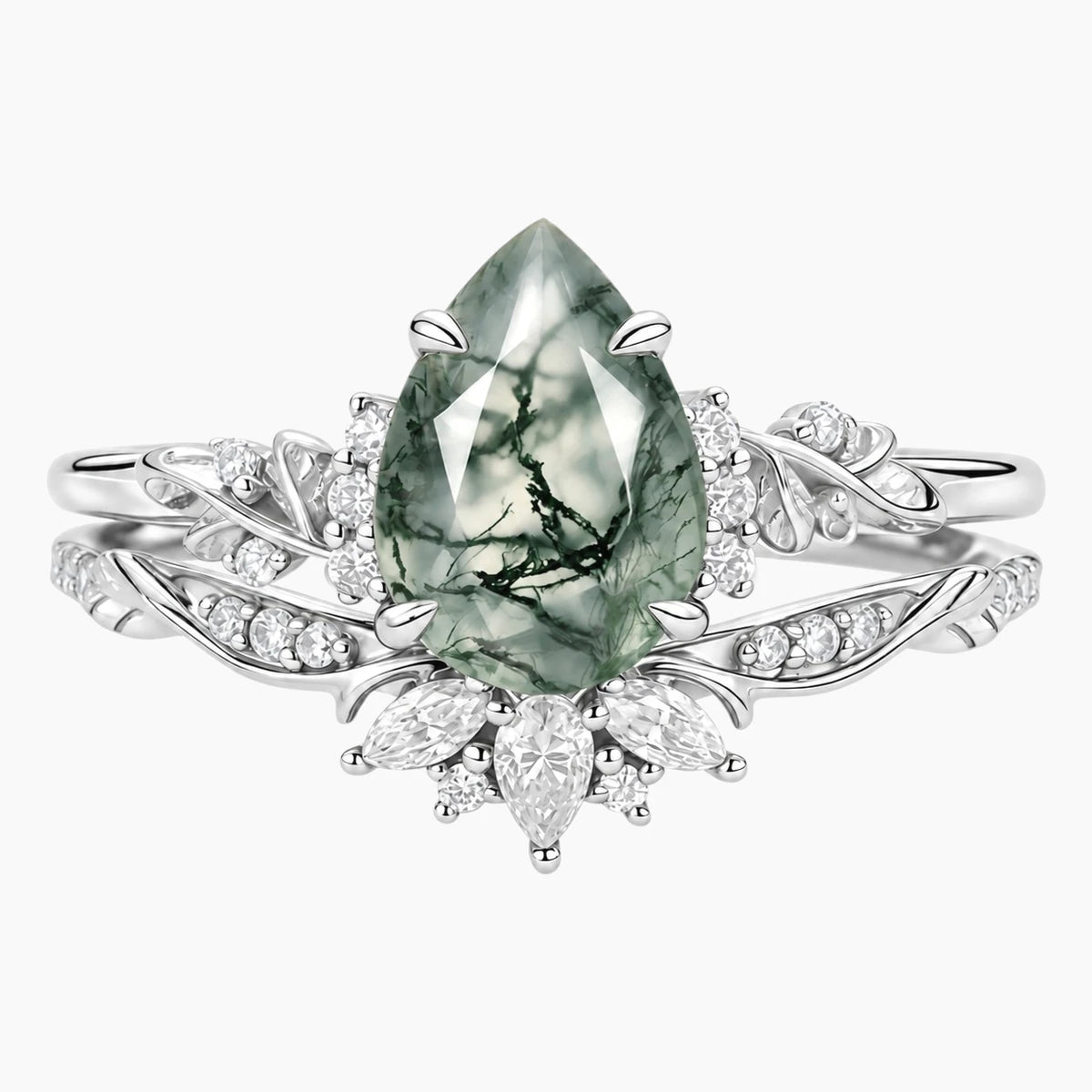 Sylvaelle Pear Moss Agate Botanical Bridal Ring Set