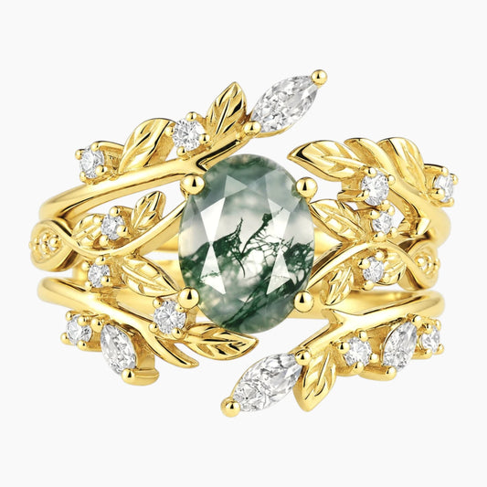 Arborielle Oval Moss Agate Woodland Bridal Ring Set