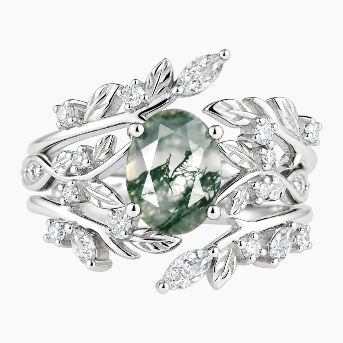 Arborielle Oval Moss Agate Woodland Bridal Ring Set