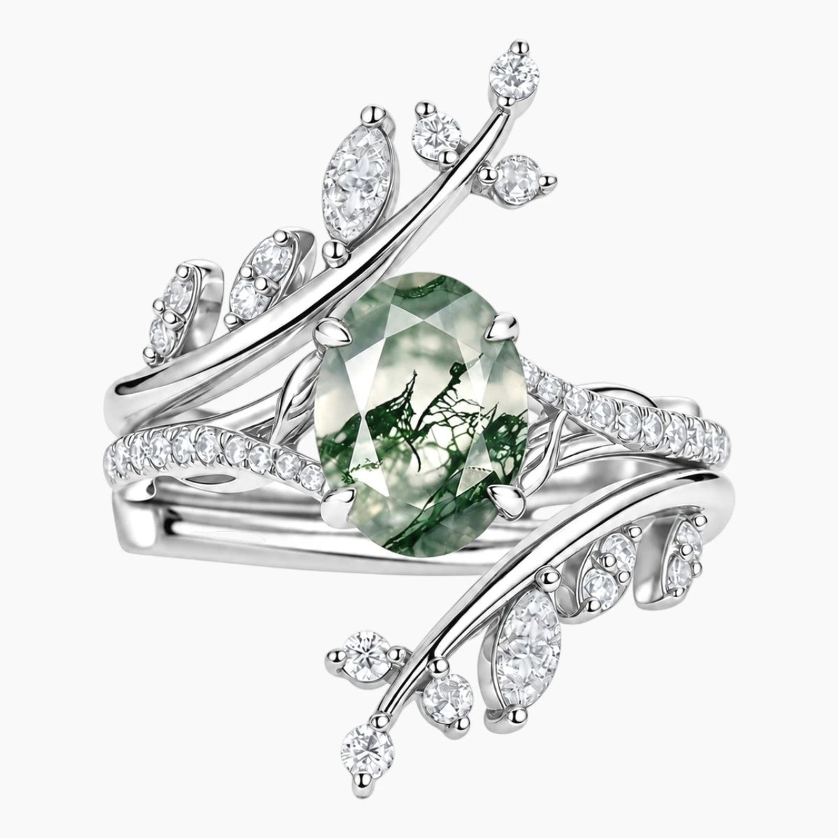 Avenloria Oval Moss Agate Vine-Inspired Bridal Ring Set
